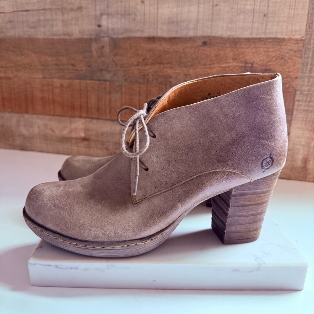 Born Ramsey Leather Taupe Block Heel Ankle Boots